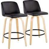 Toriano 26" Swivel Counter Stool in Natural Wood & Black Leatherette with Black Footrest (Set of 2)